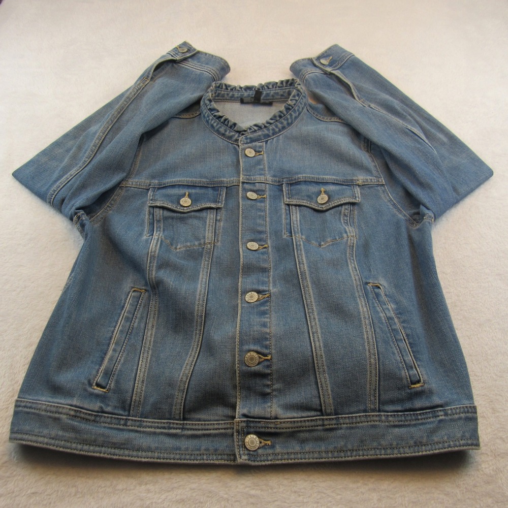 Talbots Jean Jacket Womens XL Blue Ruffle Collar Stretch Denim Trucker